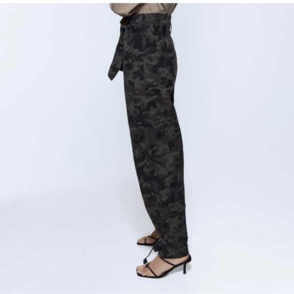 Zara The Joy PaperBag Pants Jeans Camo Denim Relaxed Fit Tapered Leg High waist - Picture 5 of 15